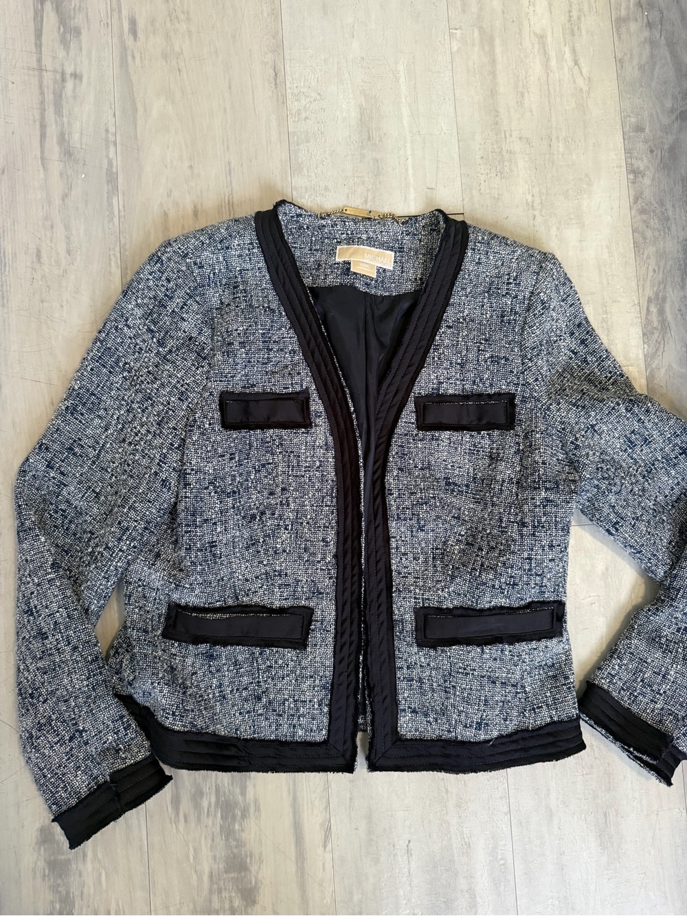 Michael Kors Heathered Blue Tweed Open-Front Jacket with Navy Trim
